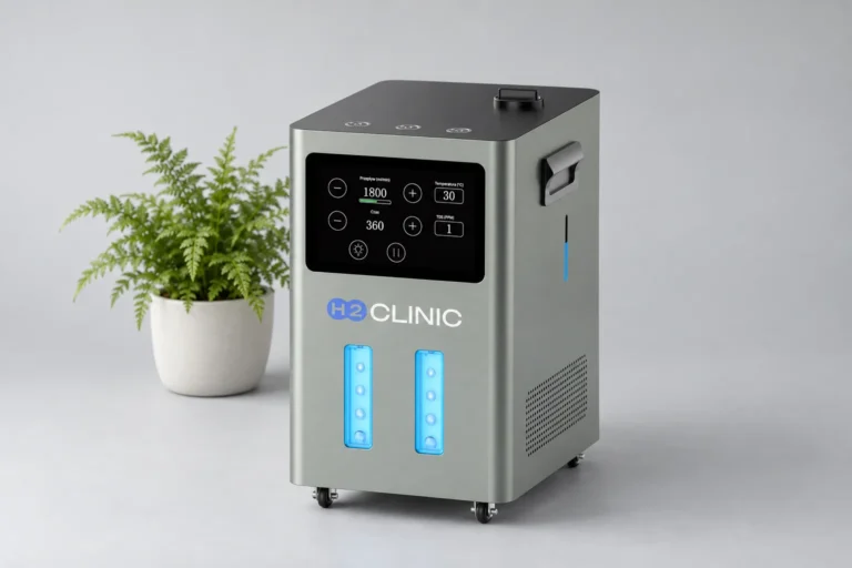 Generator H2 Clinic i niewielka paproć w ceramicznej doniczce na jednolitym jasnoszarym tle.