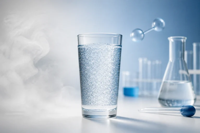 Szklanka wody z drobnymi pęcherzykami wodoru na tle laboratoryjnym – woda wodorowa w świetle badań naukowych