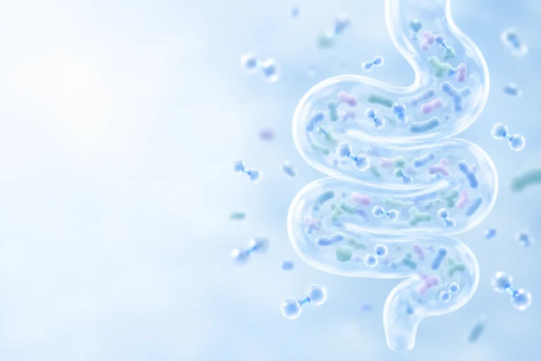 Ilustracja jelit z mikroorganizmami i cząsteczkami wodoru molekularnego H₂