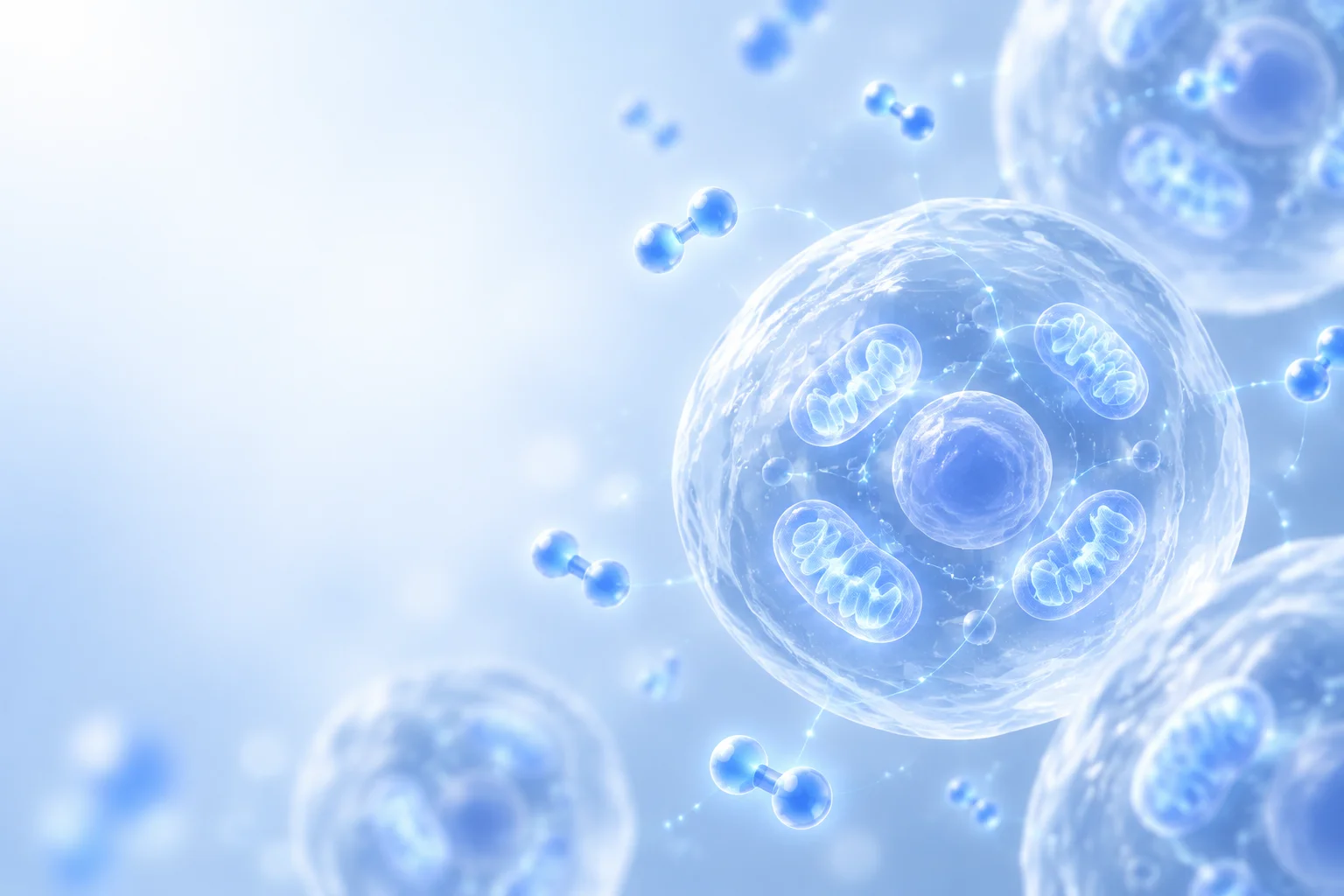 Ilustracja komórek z mitochondriami i cząsteczkami wodoru molekularnego H₂