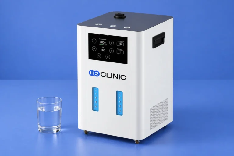 Generator H2 Clinic i osobno ustawiona szklanka wody na jednolitym niebieskim tle.