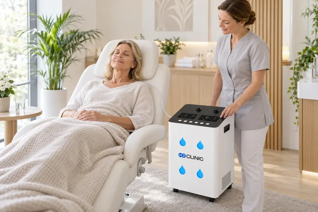 Klientka odpoczywa podczas inhalacji wodorem w gabinecie, obok generator H2 Clinic