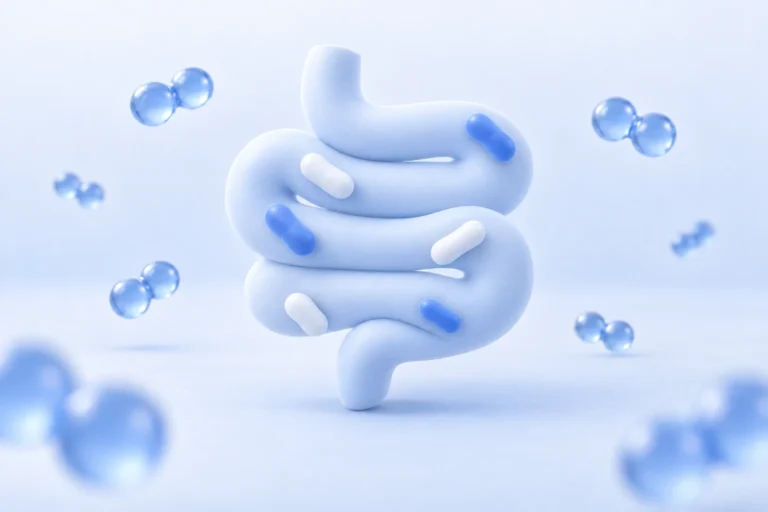Stylizowane jelita z bakteriami mikrobioty i cząsteczkami wodoru H2