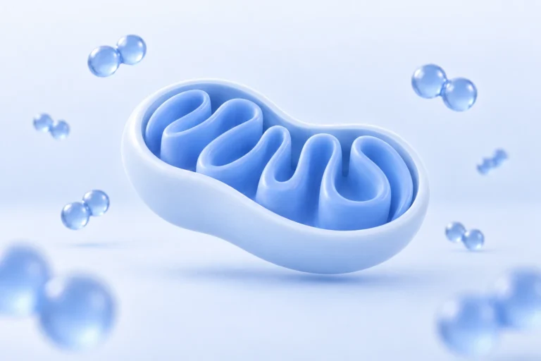 Stylizowane mitochondrium w przekroju otoczone cząsteczkami wodoru H2 - metabolizm komórki