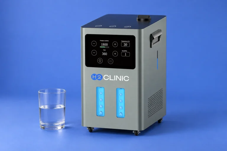 Generator H2 Clinic i niewielka szklanka z wodą na jednolitym niebieskim tle.
